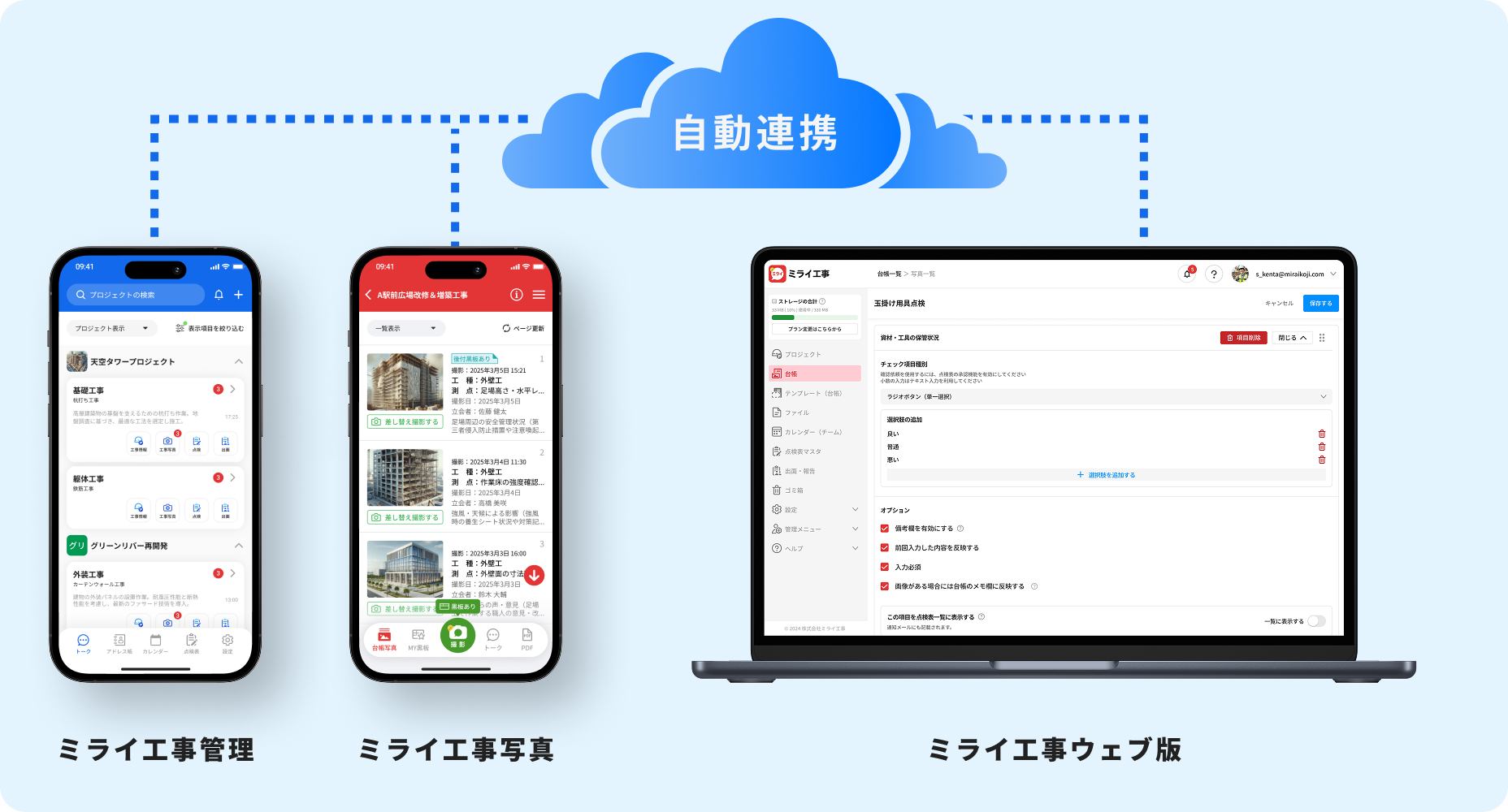 ミライ工事管理アプリとミライ工事写真アプリ、WEB版の連携による建設現場の一元管理が可能